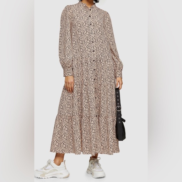 NWT, Topshop, Spotted Tiered Long Sleeve Midi Shirt Dress w/Drop Waist, Sz 8-10 - Picture 3 of 13